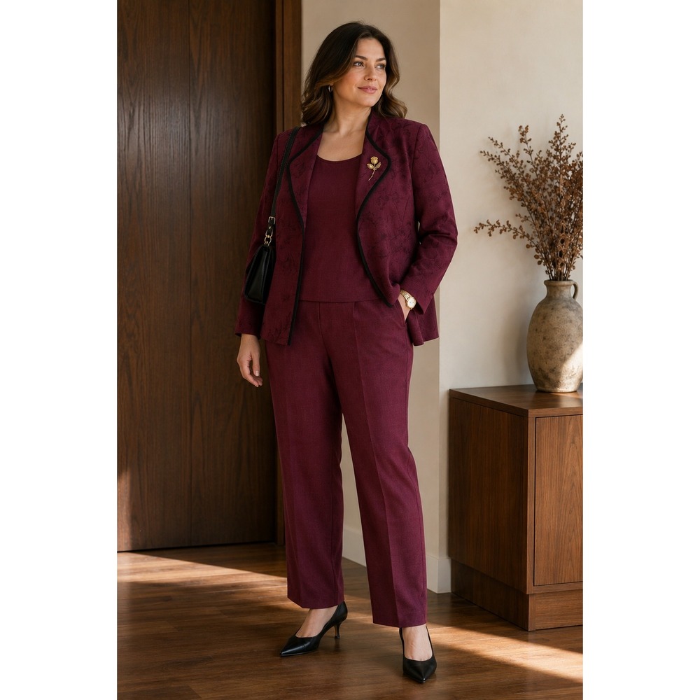 Perceptions 3 Piece Pant Suit Burgundy Floral Jacket Shell Pants Size 10 VTG